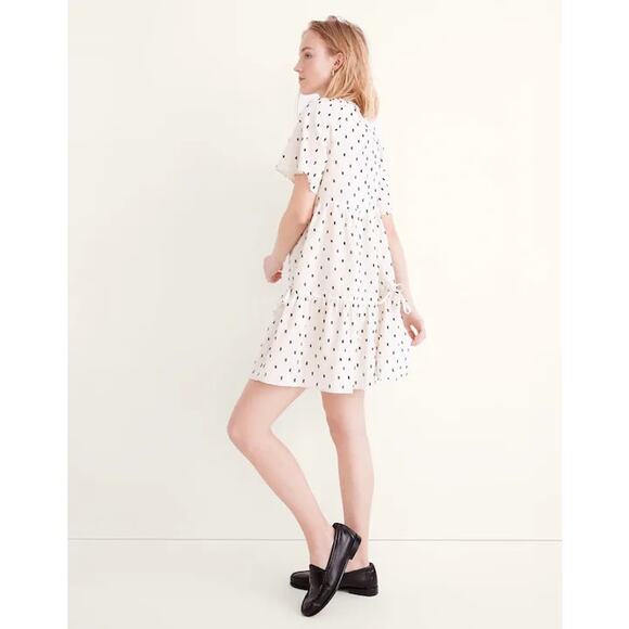 Madewell Lorelei Linen Blend Mini Dress Tiered Cream Cotton Clip Dot size M - Picture 3 of 14